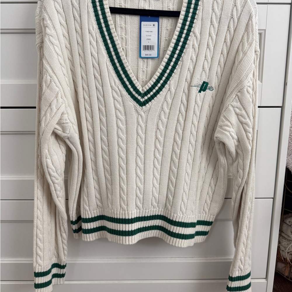 Target x Prince collab White and Green V-Neck Cable Knit Sweater